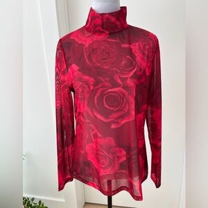 TAHARI Sheer Mesh Red Rose Pattern Long Sleeve High Neck Top Button Neck Closure